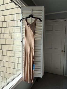 Ribbed Knit Tank Maxi Dress with slit in Tan